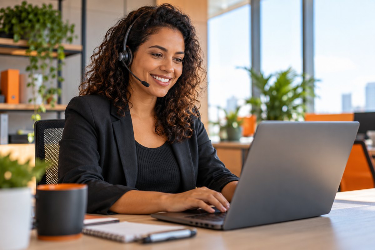 Profissional de atendimento ao cliente com headset e notebook